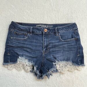 American Eagle Outfitters Women's Blue Denim Shorts Lace Shortie Distressed 14